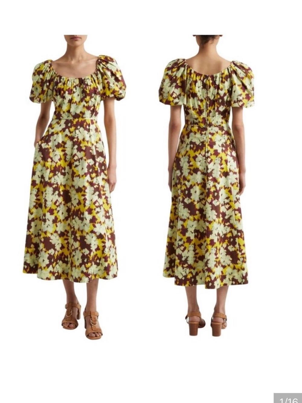 Ulla Johnson Yellow, Maroon & Cream Floral Puff-Sleeve Maxi Dress